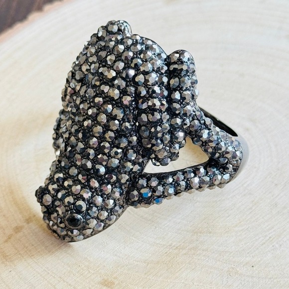 Frog encrusted rhinestone hinged clamper Bracelet Statement silver Couture 90s - Picture 4 of 8